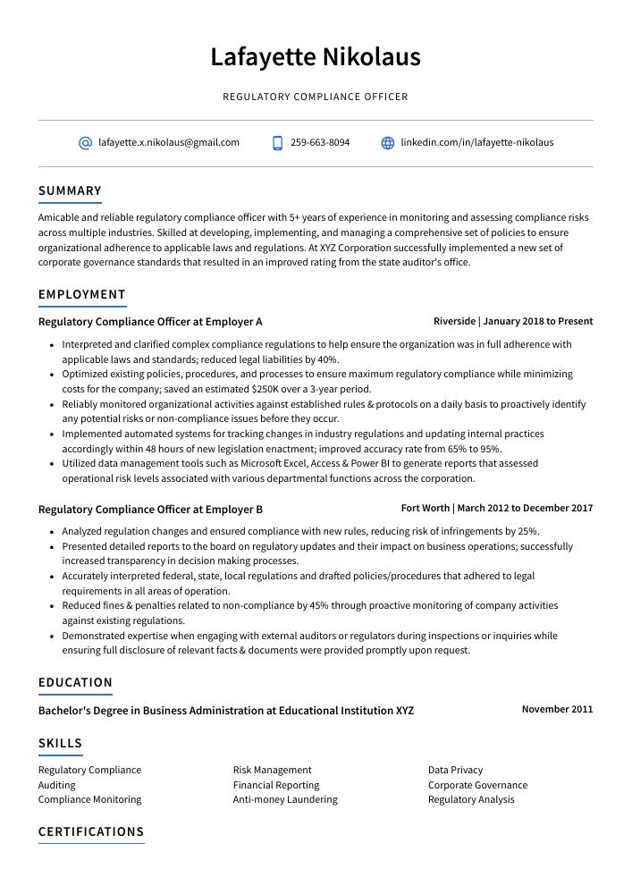 Regulatory Compliance Officer Resume