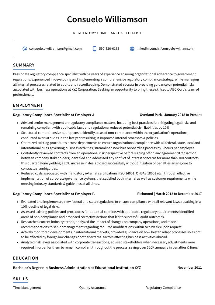 Regulatory Compliance Specialist Resume