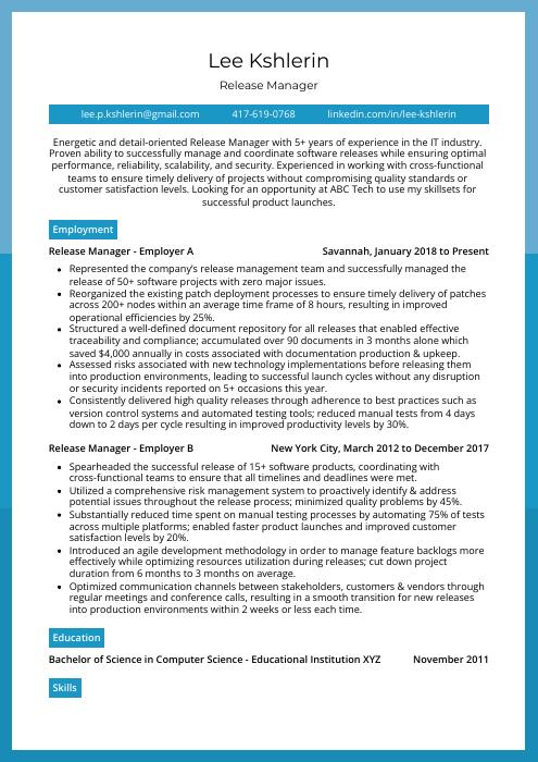 Release Manager Resume (CV) Example and Writing Guide