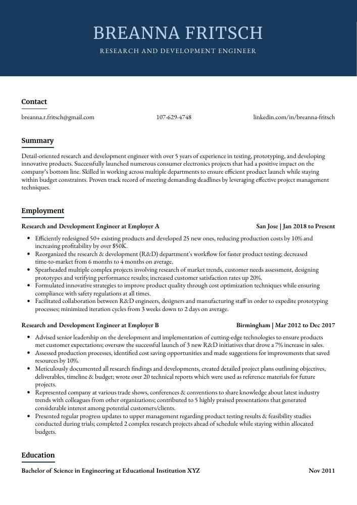 Research and Development Engineer Resume