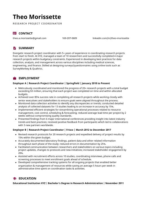 research project coordinator resume