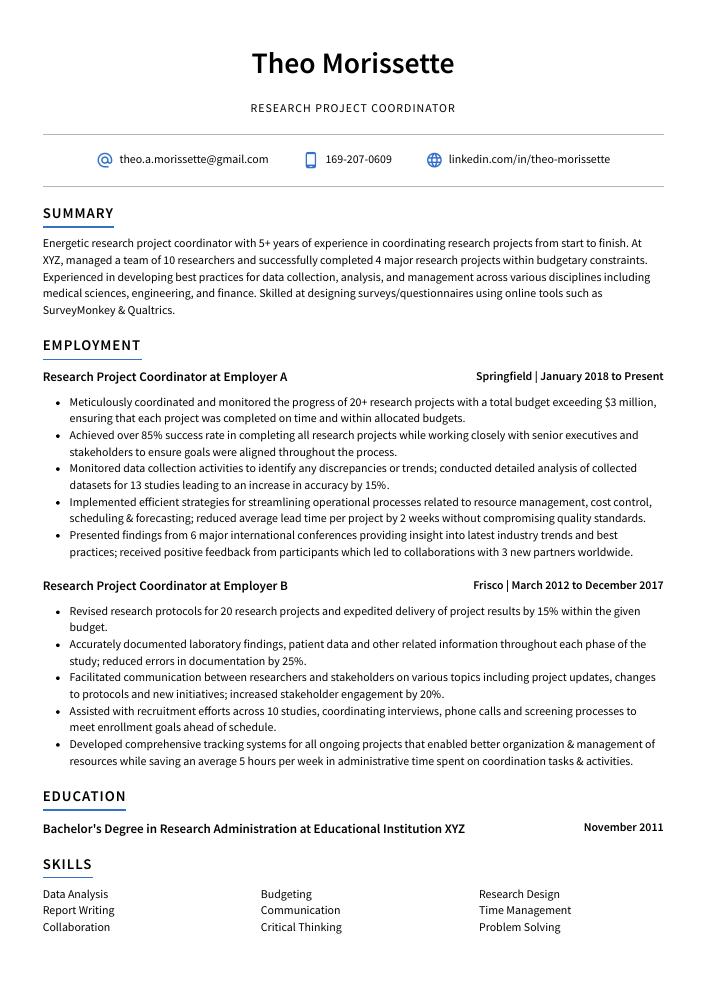 research project coordinator resume