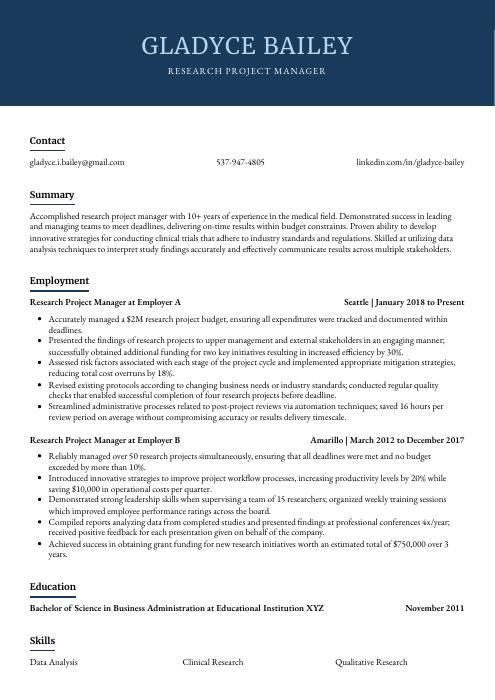 research project manager resume