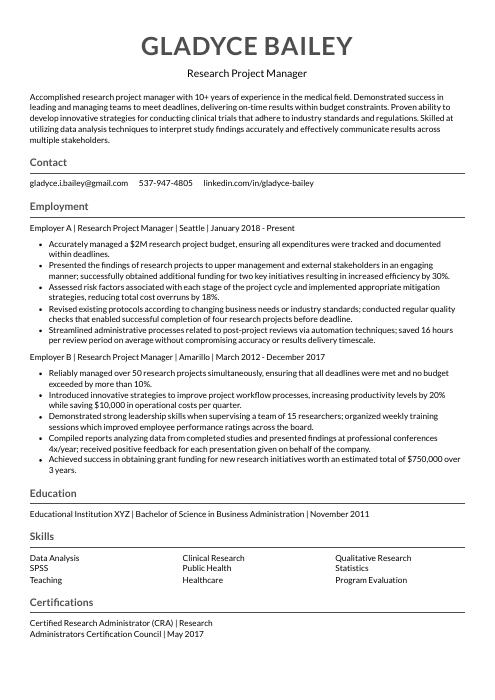 research project manager resume
