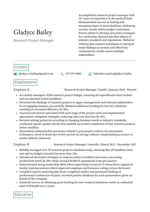 market research project manager resume