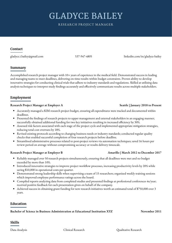 Research Project Manager Resume