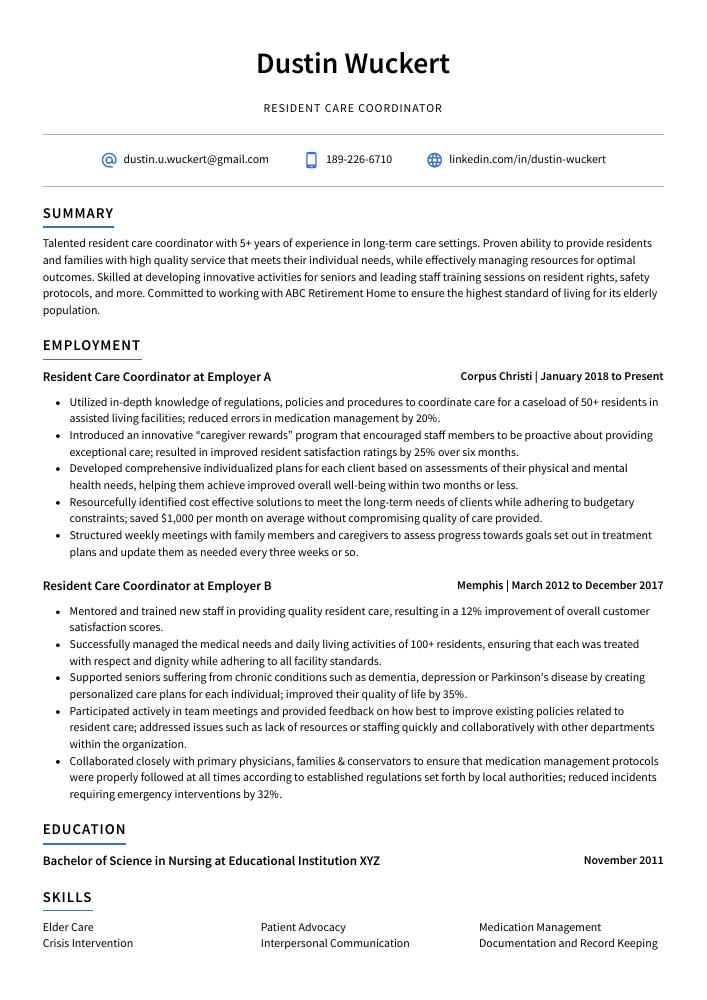Resident Care Coordinator Resume
