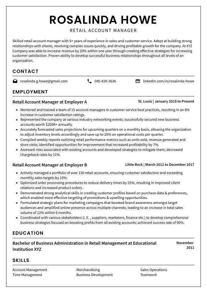 Retail Account Manager Resume