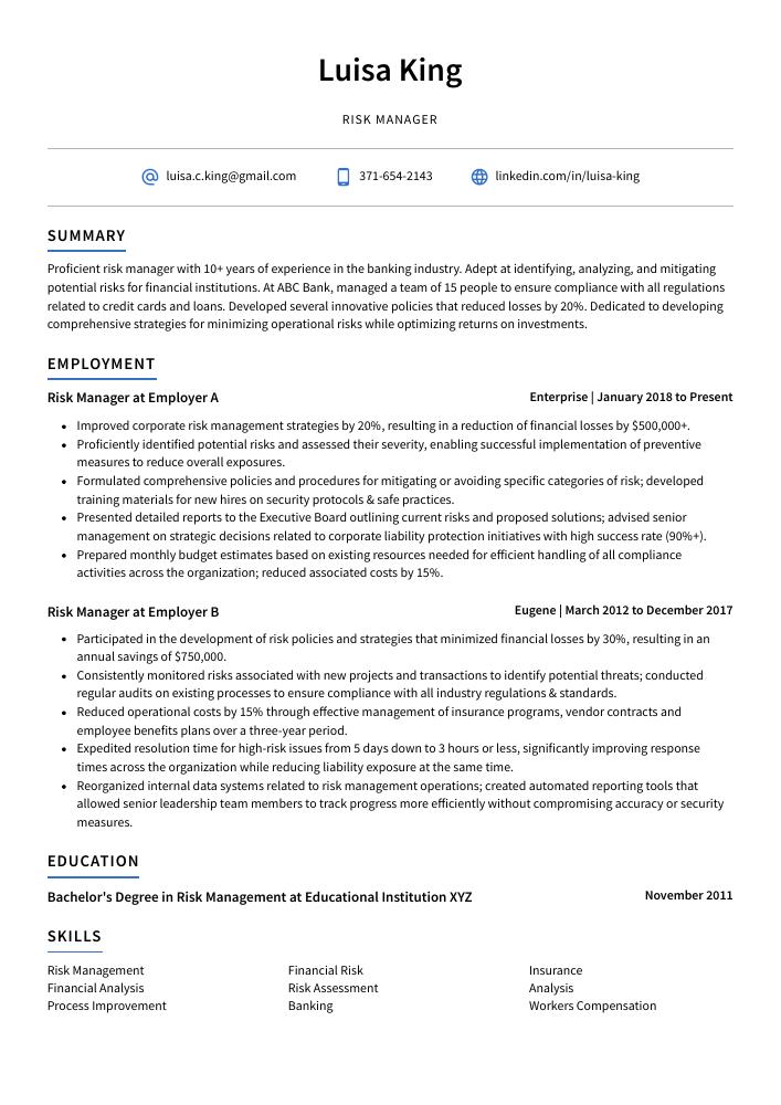 risk management resume objective