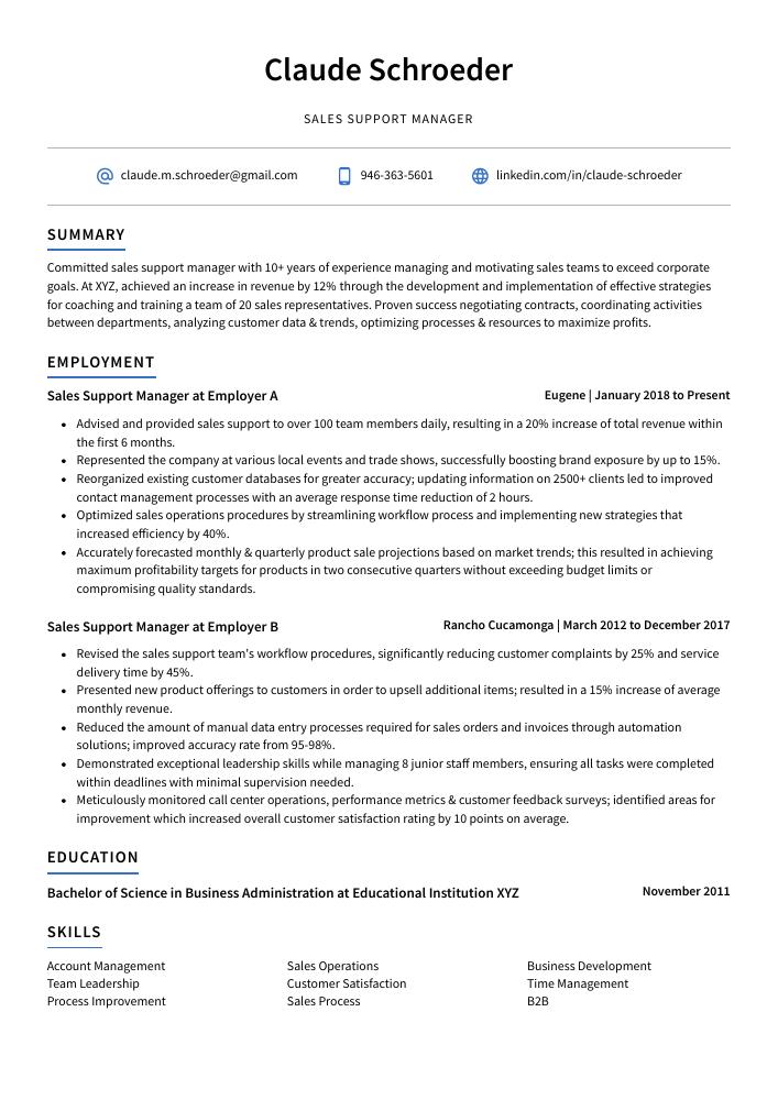 Sales Support Manager Resume