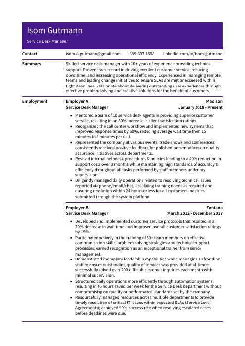 service desk manager resume