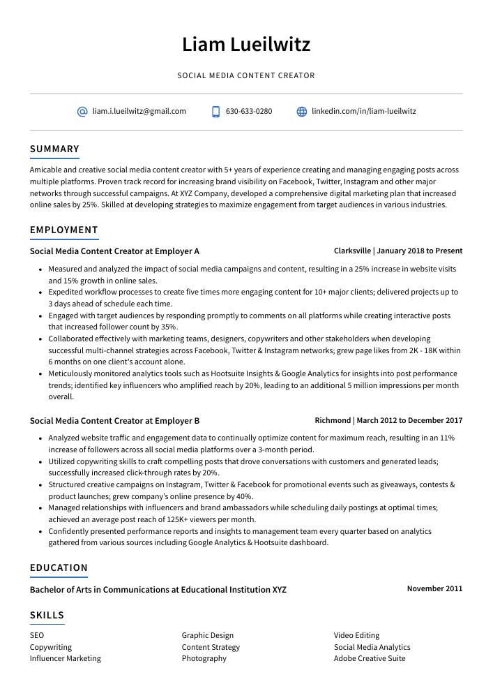 Social Media Content Creator Resume (CV) Example and Writing Guide