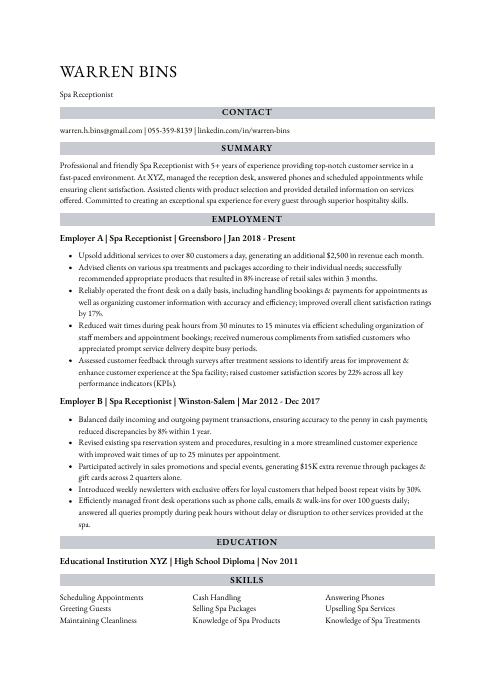 resume for spa receptionist