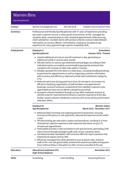 resume for spa receptionist