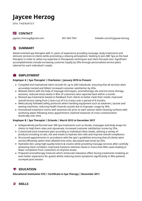 resume cover letter for spa therapist