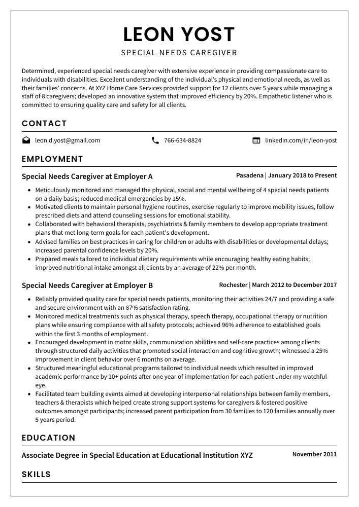 Special Needs Caregiver Resume