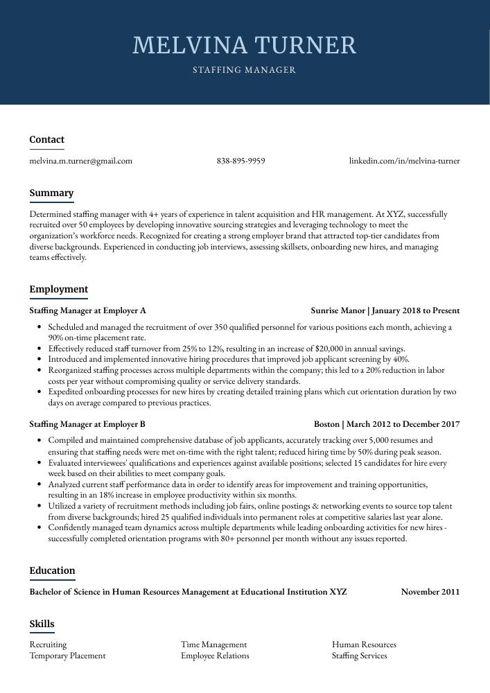 Staffing Manager Resume CV Example And Writing Guide