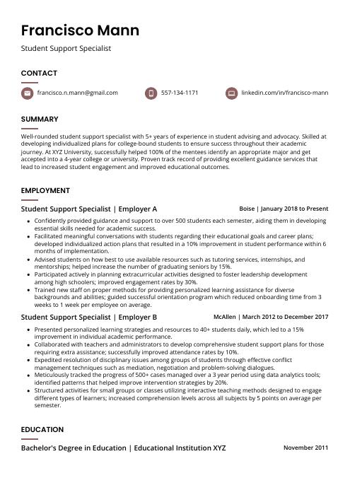 Student Support Specialist Resume (CV) Example and Writing Guide