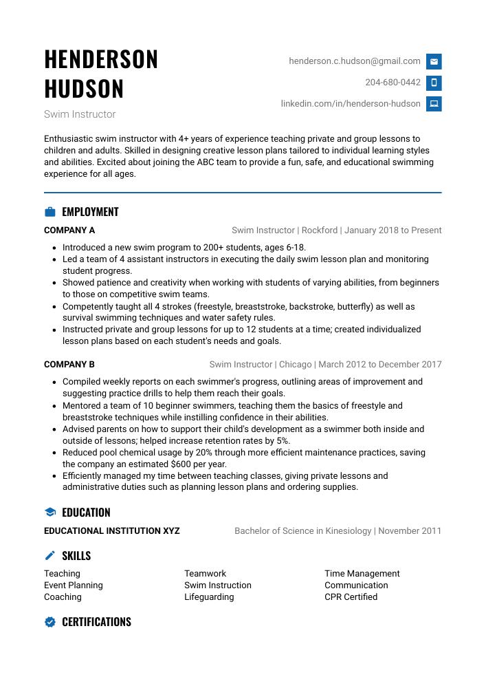 Swim Instructor Resume CV Example And Writing Guide