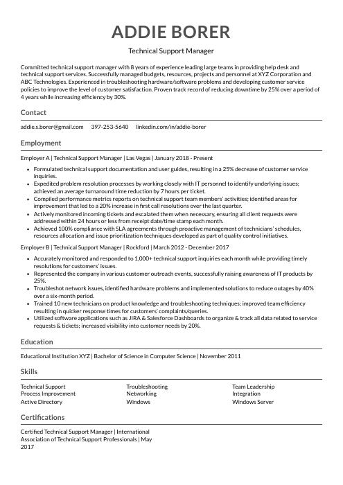 technical support manager resume