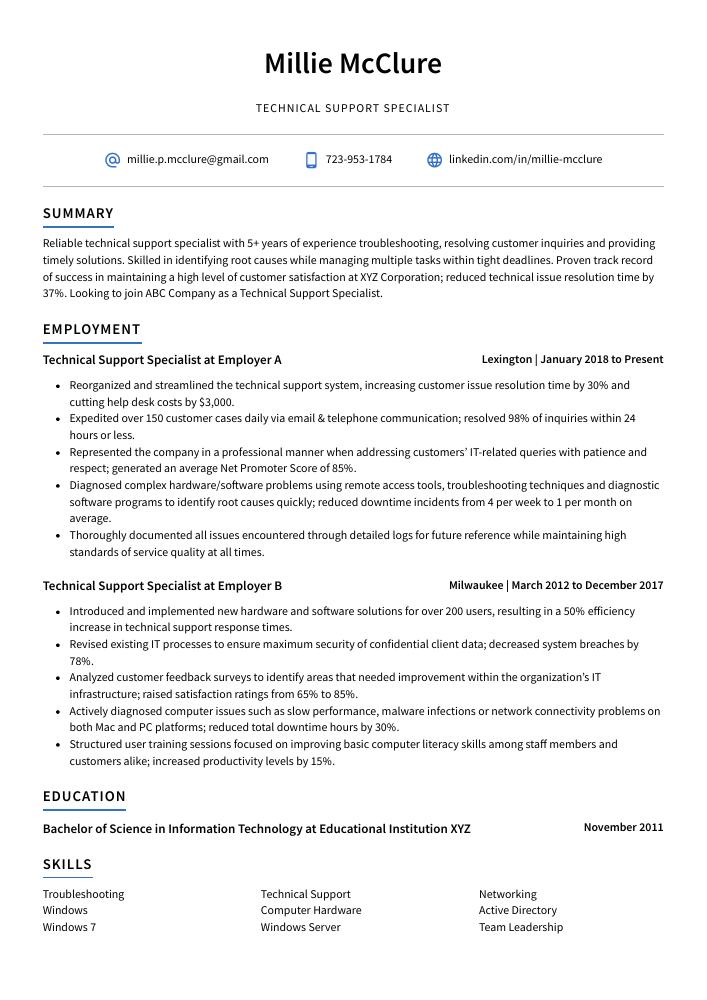 technical support specialist resume
