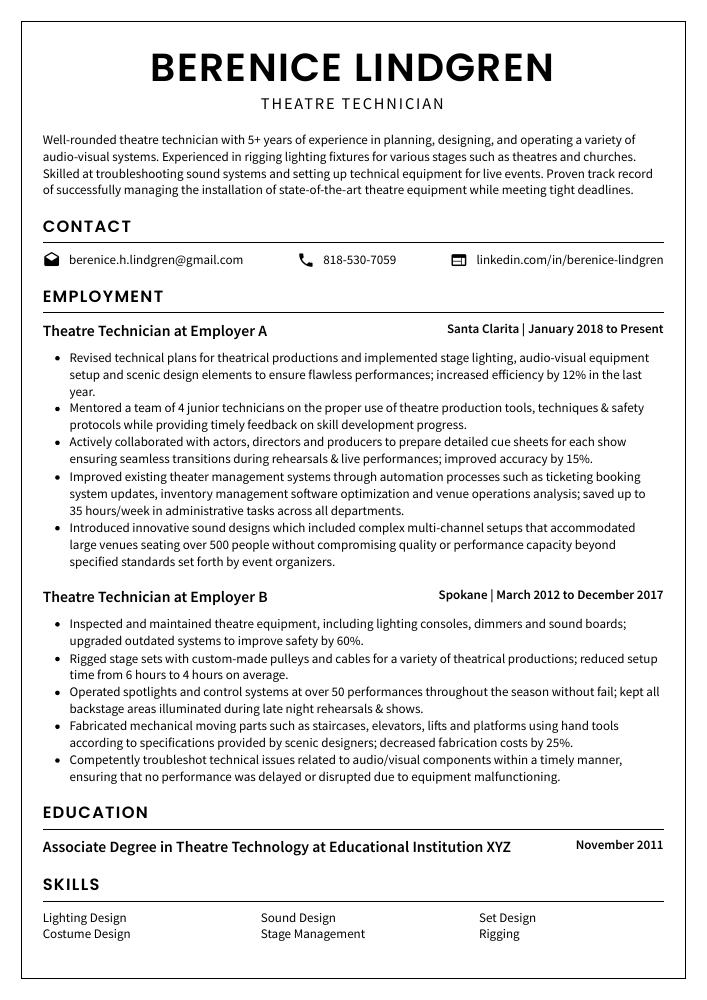 Theatre Technician Resume