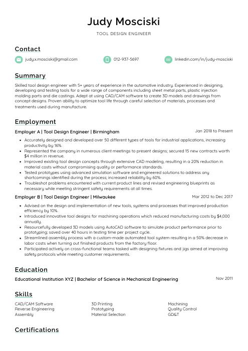 Tool Design Engineer Resume (CV) Example and Writing Guide