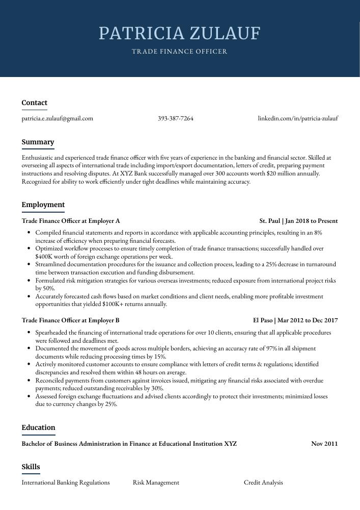 Trade Finance Officer Resume