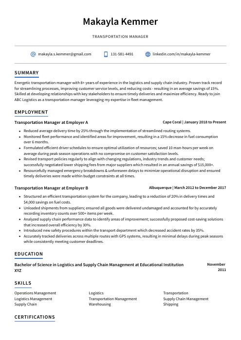 transportation manager resume examples
