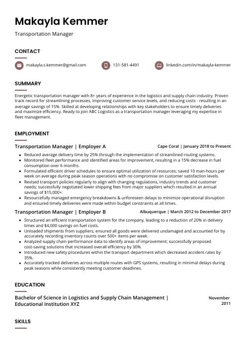 transportation manager resume examples