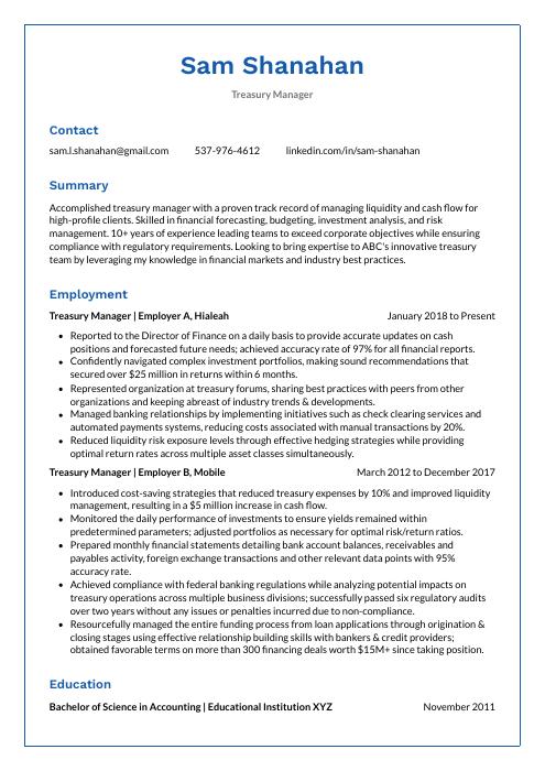 treasury manager resume examples
