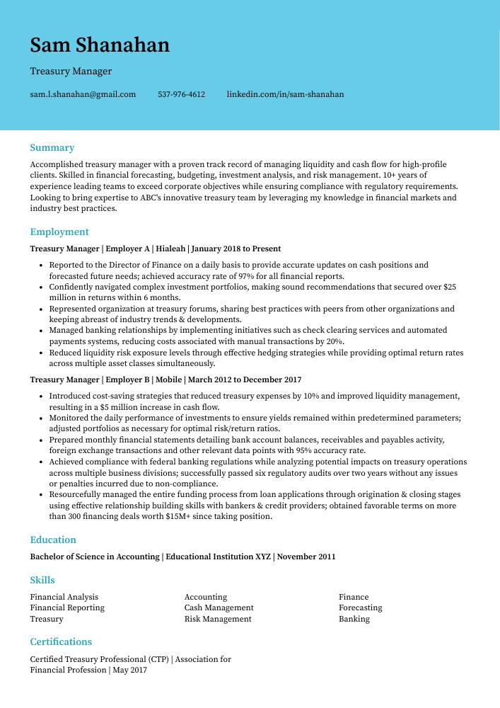 treasury manager resume examples