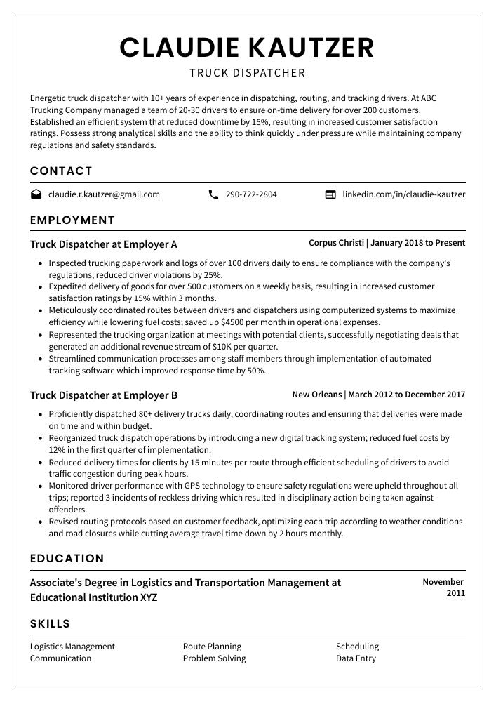 opening statement for dispatcher resume