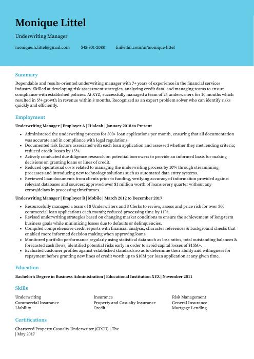 underwriting manager resume examples