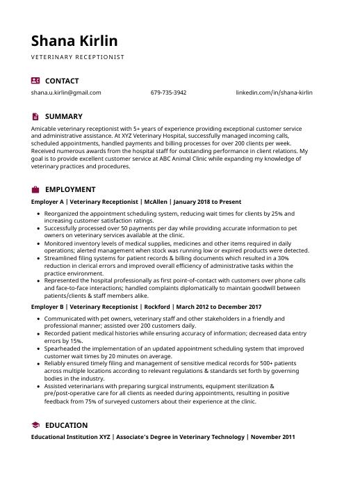 resume for veterinary receptionist