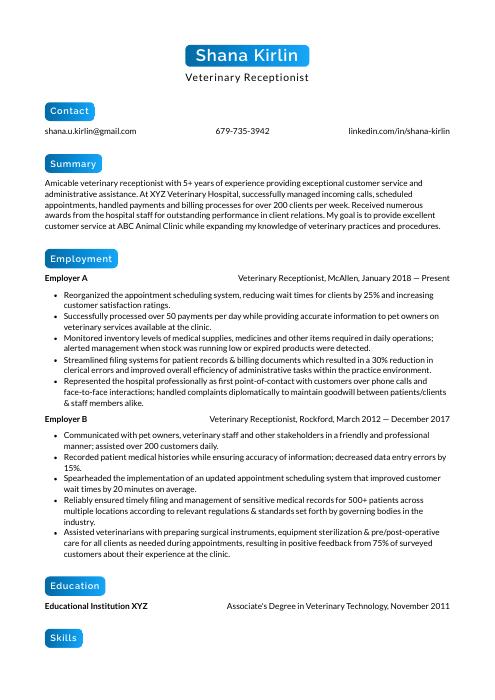 resume for veterinary receptionist