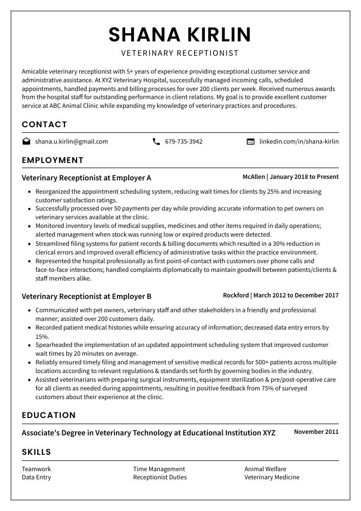 Veterinary Receptionist Resume