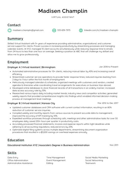 virtual assistant resume template free