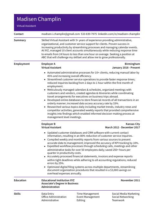 virtual assistant resume template free