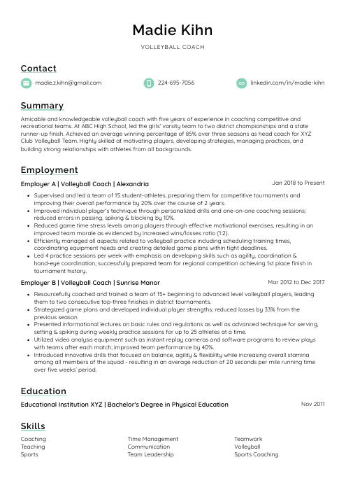 Volleyball Coach Resume (CV) Example and Writing Guide