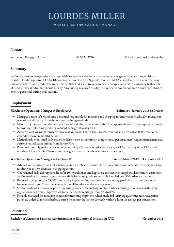 warehouse operations manager resume summary