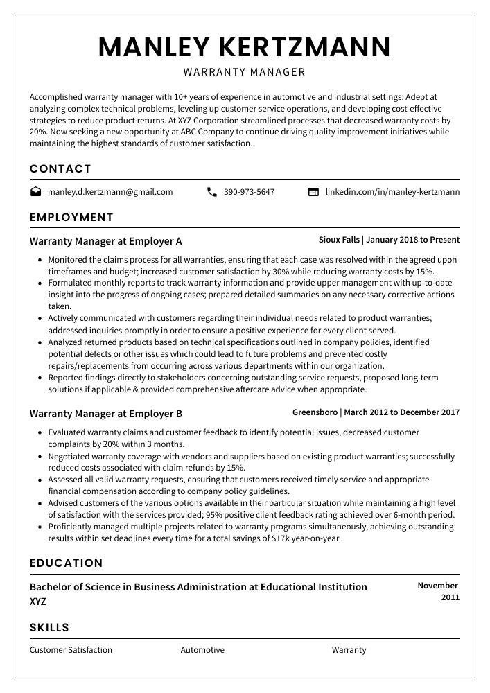 Warranty Manager Resume