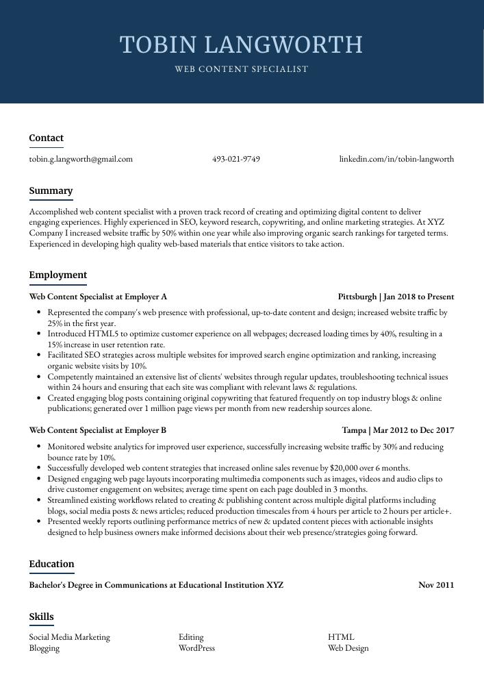 Web Content Specialist Resume (CV) Example and Writing Guide