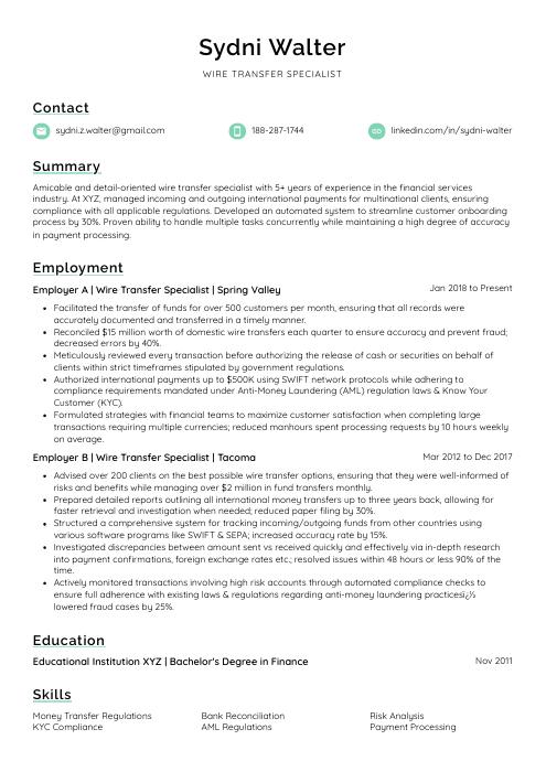 Wire Transfer Specialist Resume (CV) Example and Writing Guide