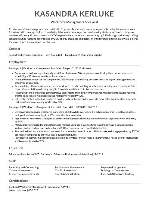 workforce management resume examples