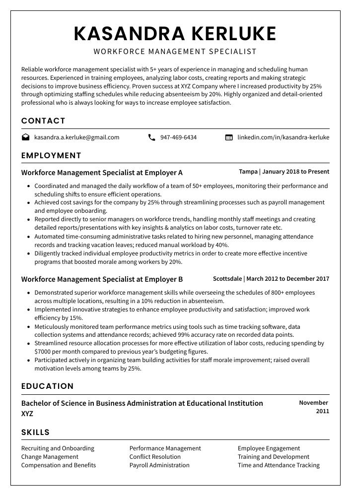 Workforce Management Specialist Resume