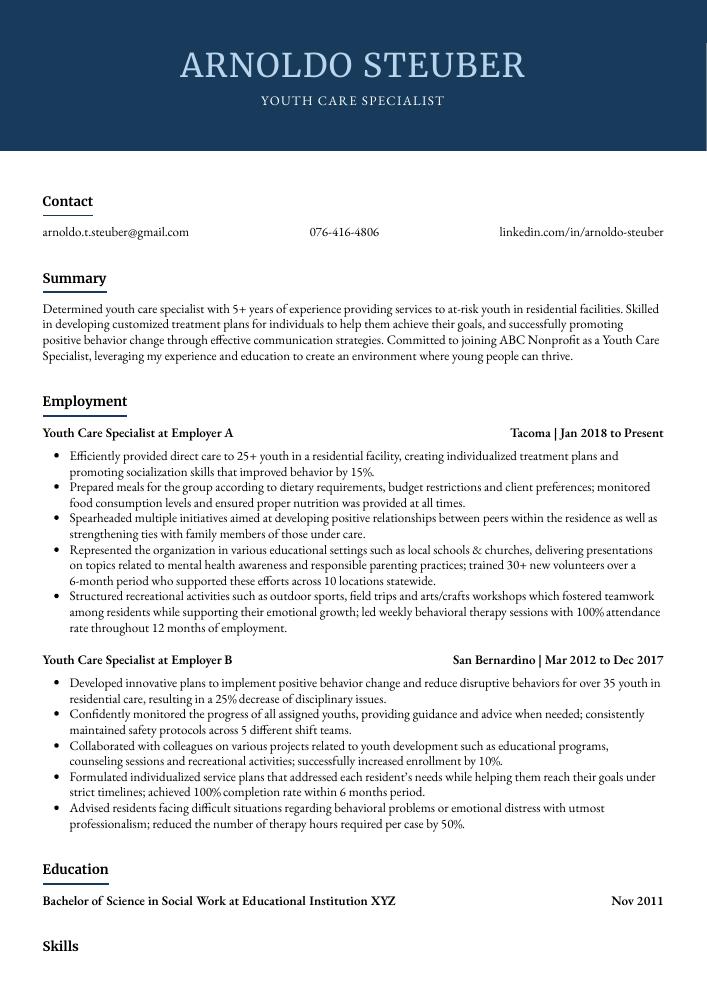 Youth Care Specialist Resume