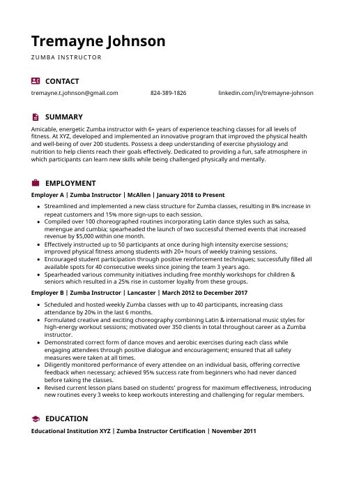 resume format for zumba instructor